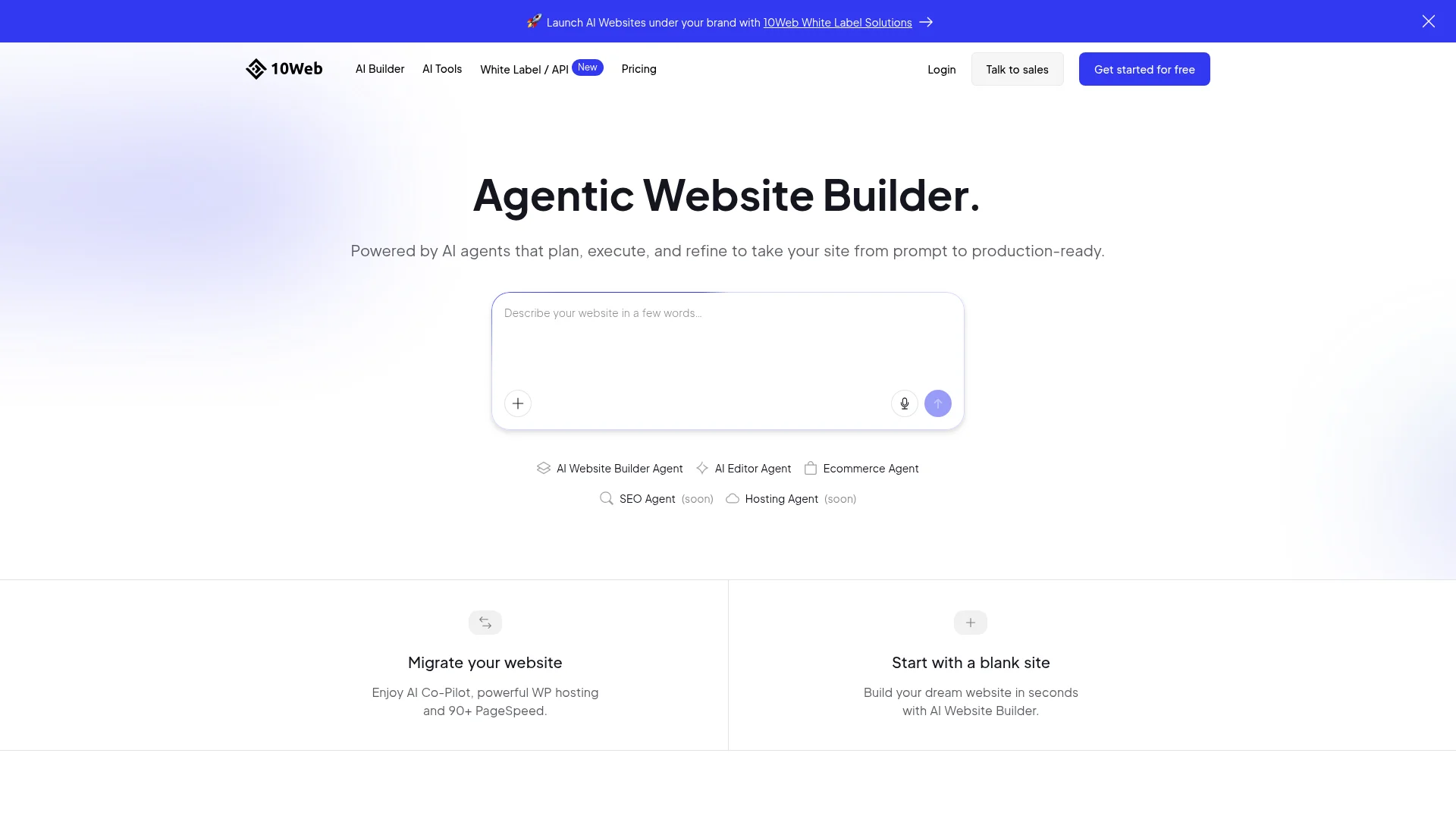 10Web AI website builder homepage