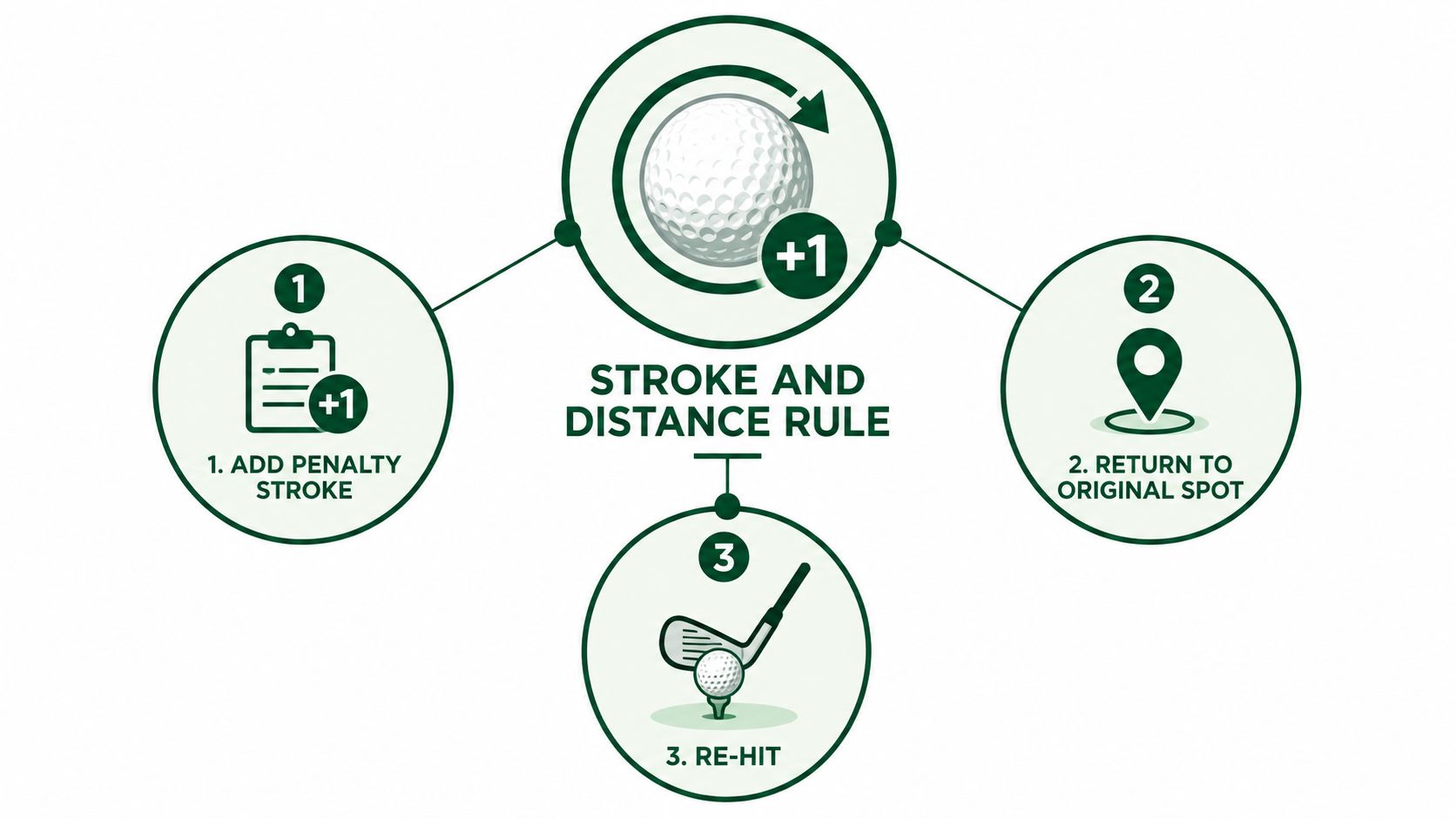 A diagram illustrating the three steps of the golf stroke and distance rule with icons.