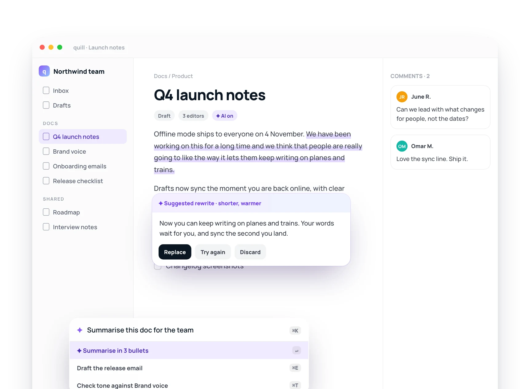 Bringing AI suggestions into the writing flow