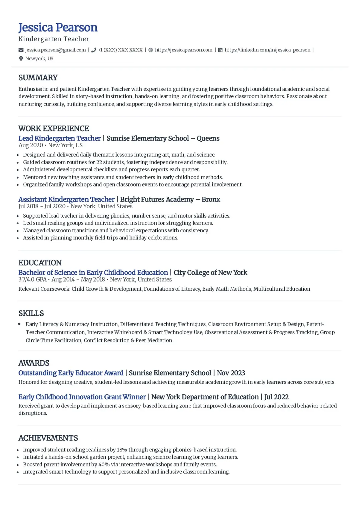 Kindergarten Teacher Resume Template