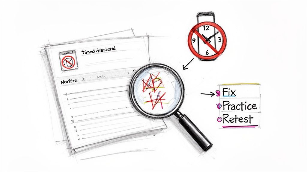 A diagram showing a document, magnifying glass, a smartphone with a crossed-out clock, and a list: Fix, Practice, Retest.