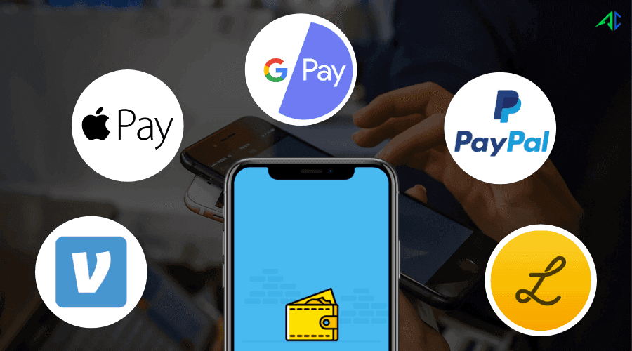 Smartphone mit Wallet-Symbol, umgeben von den Logos von Apple Pay, Google Pay, PayPal und Venmo, als Einstieg zu digitalen Wallets.
