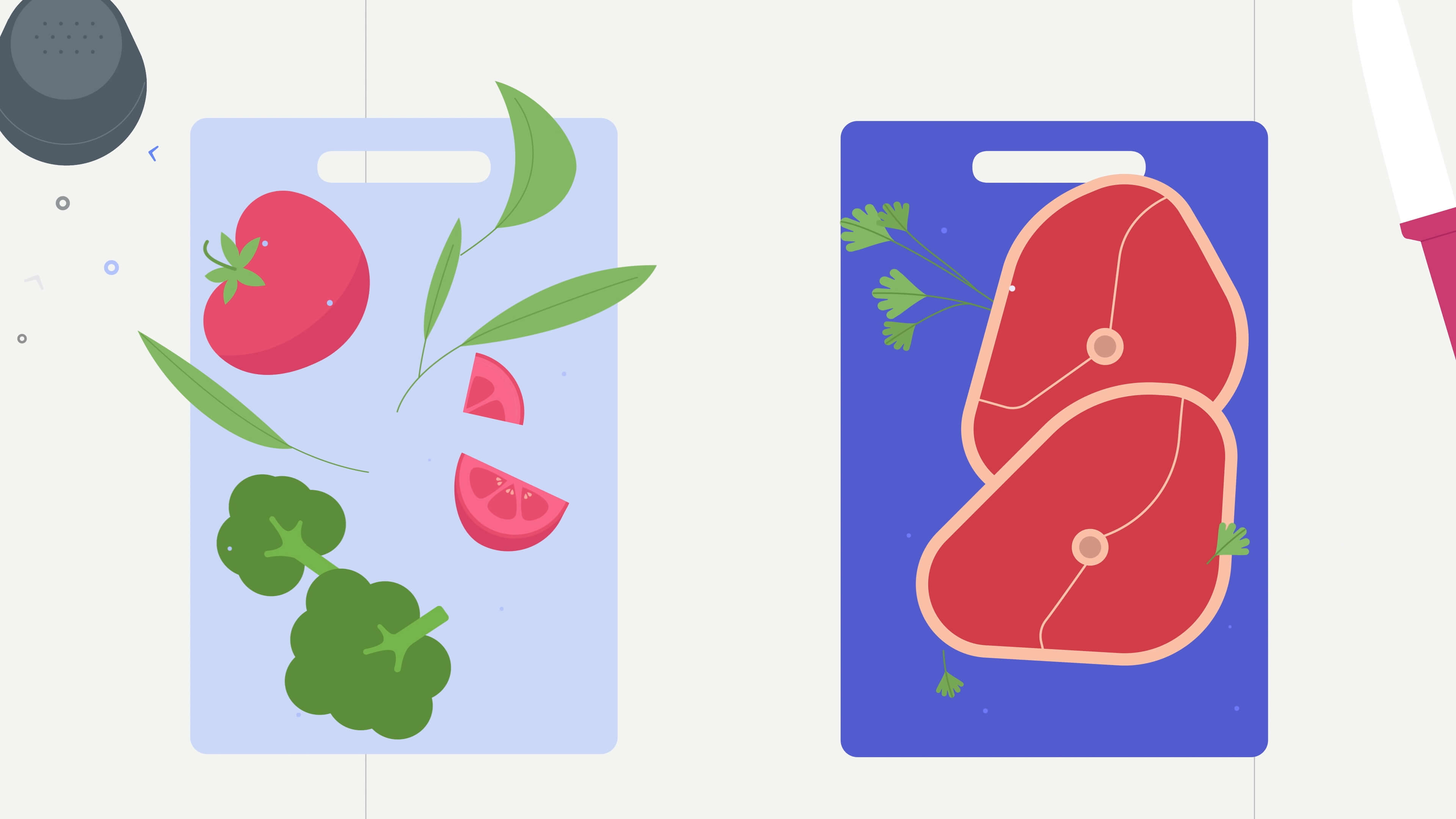 The stylized and simplified close-up illustrations of two cutting boards in shades of blue with vegetables and two pieces of raw stakes on them 