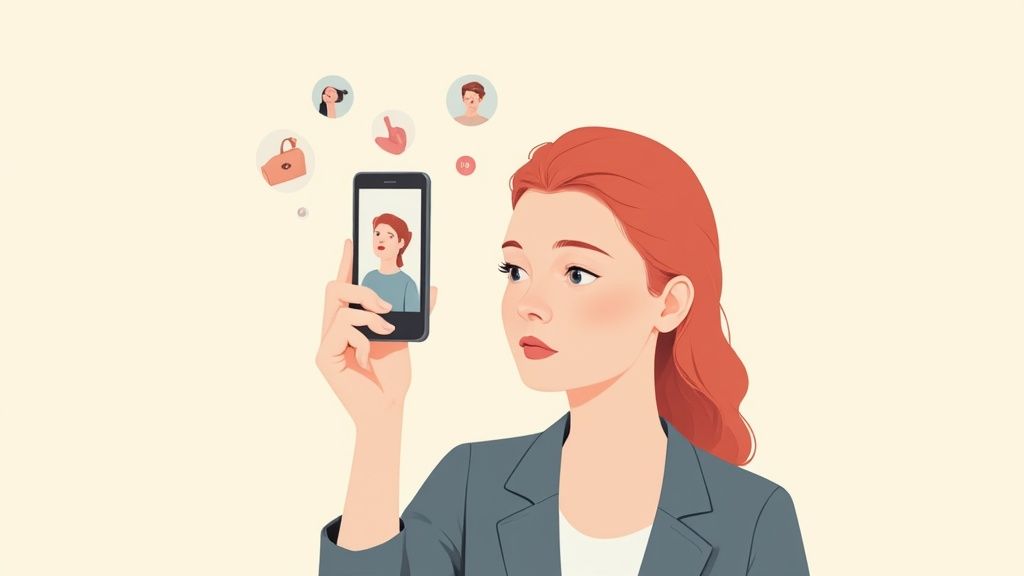 Eine Frau mit rotem Haar macht ein Selfie mit ihrem Smartphone. Soziale Medien-Icons umgeben das Gerät.