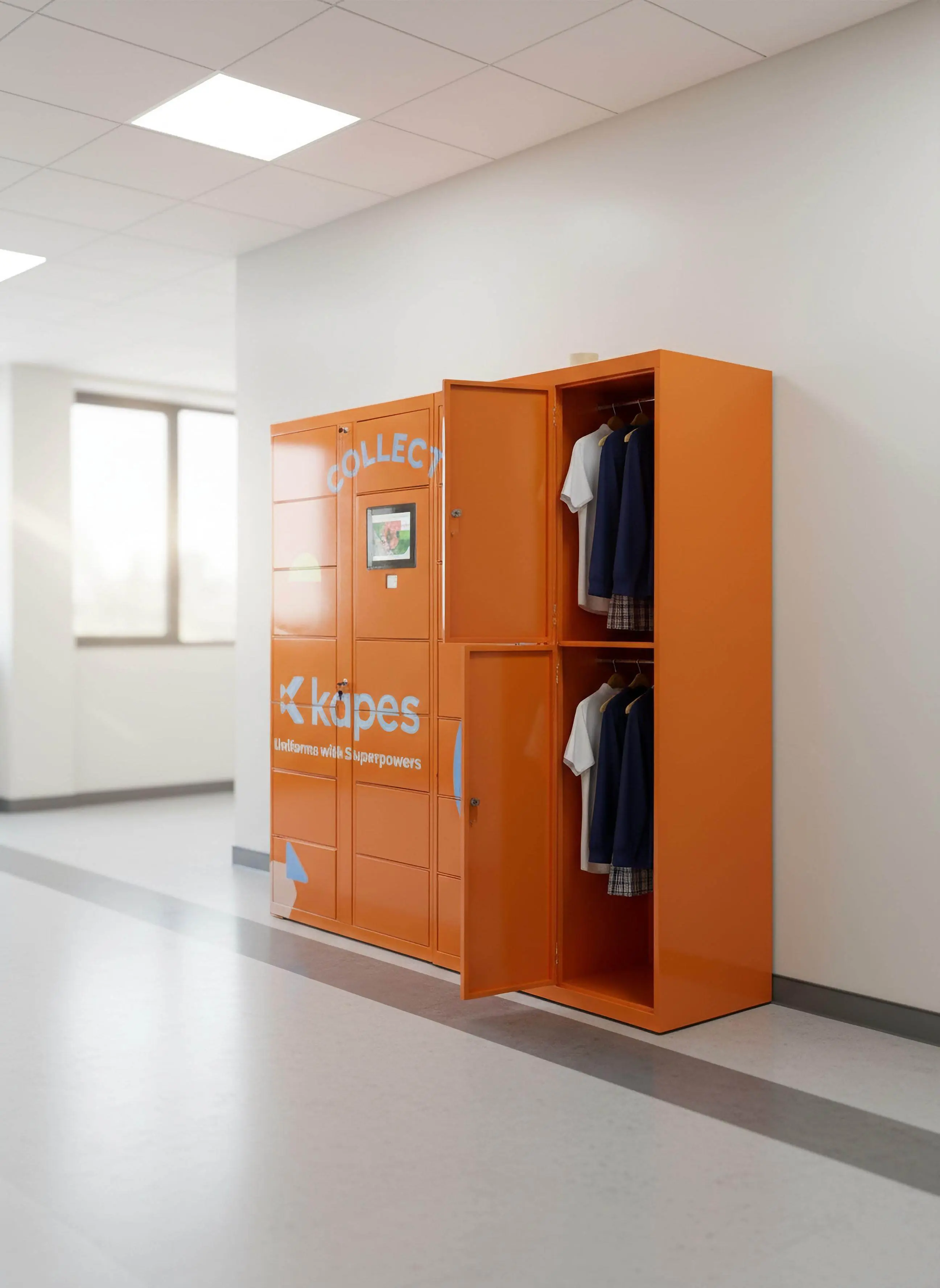 School uniform storage lockers with student ID integration for educational facilities.