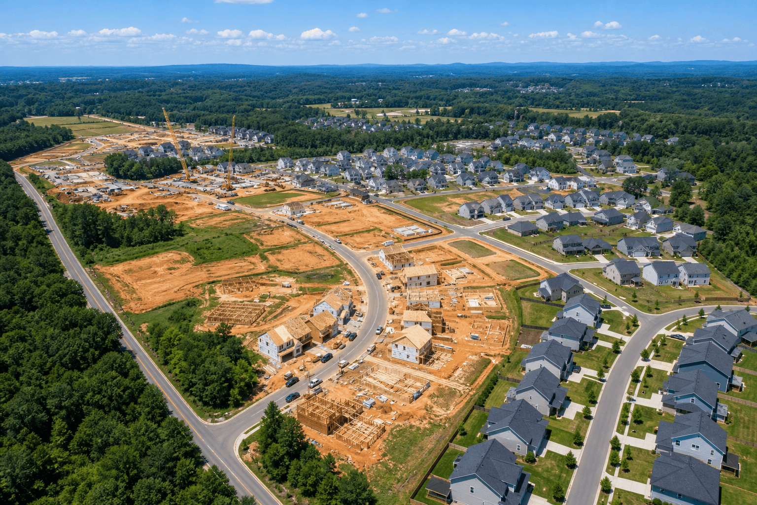 Aerial view of residential construction development in a growing North Carolina community
