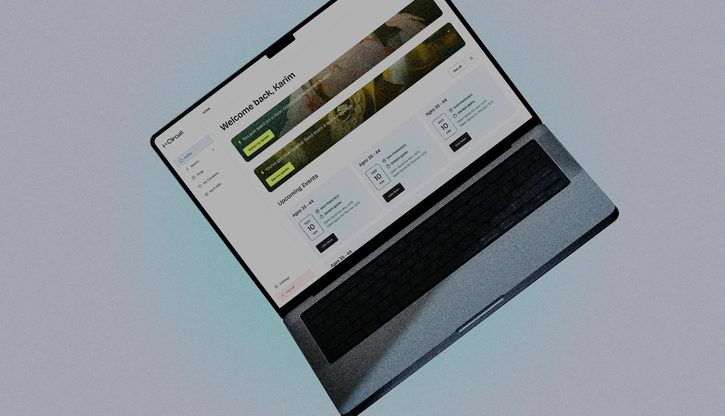 Laptop mockup displaying the Circuit dating platform homepage on a pale gradient background.