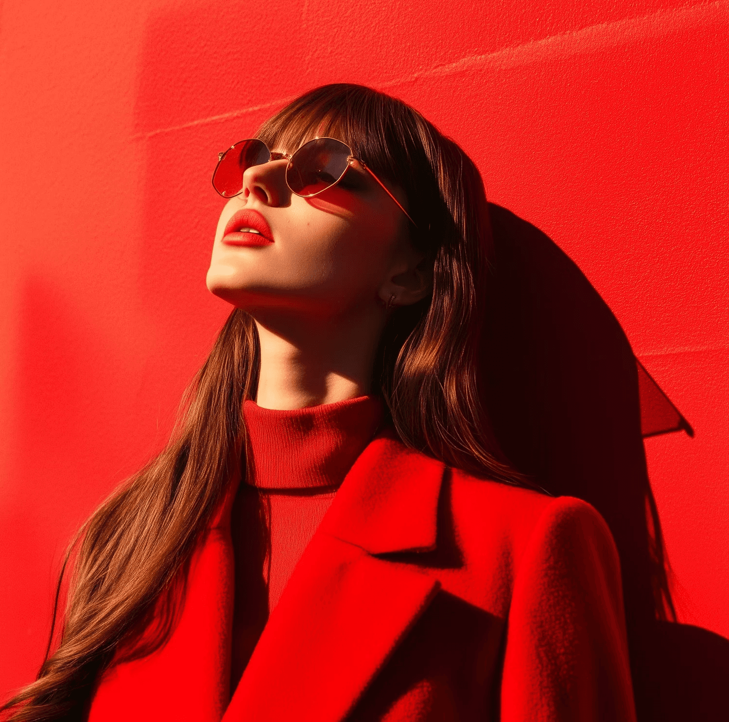 Woman wearing red coat and sunglasses portrait with vibrant red background