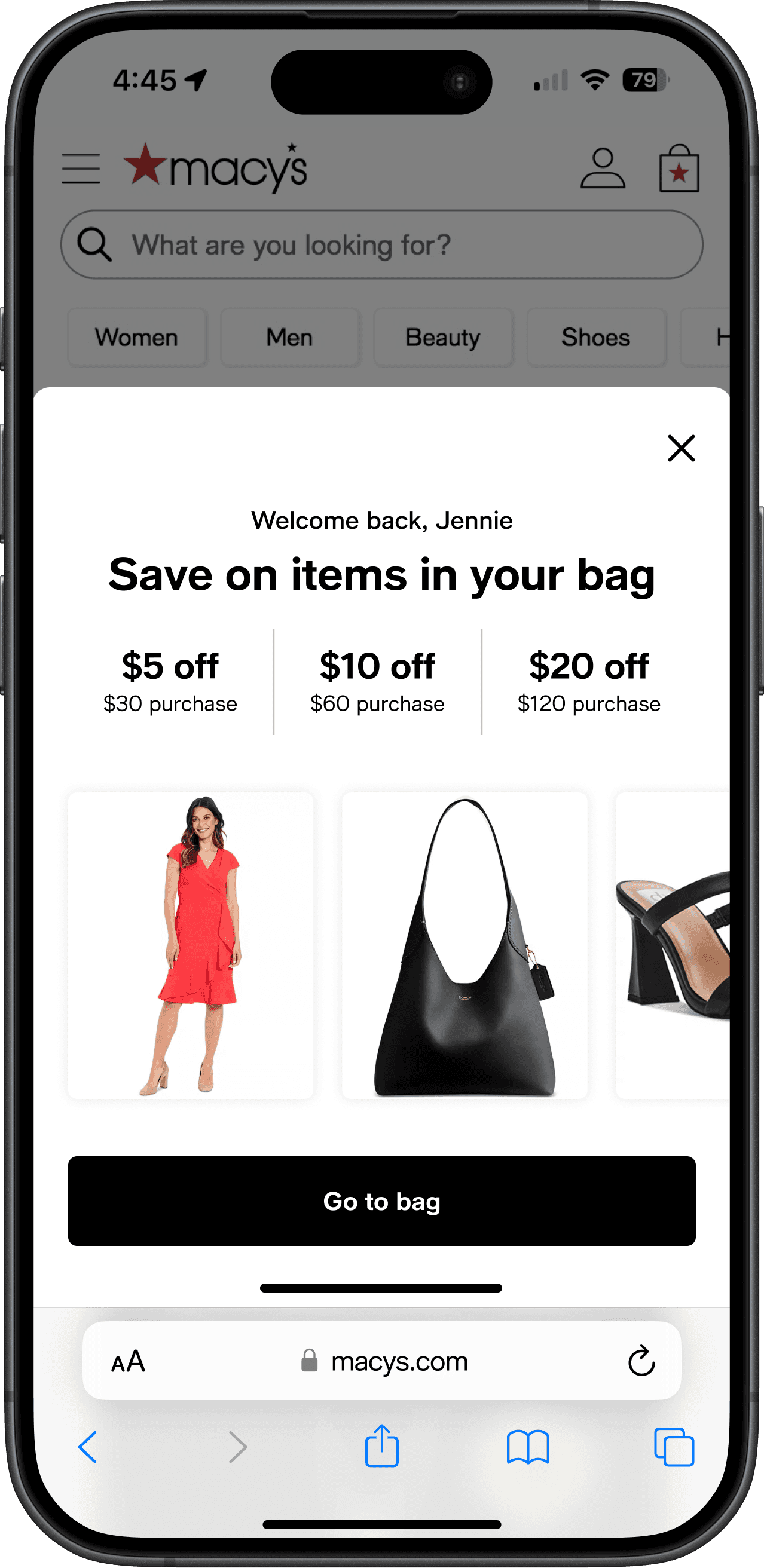 Abandoned bag modal featuring first name personalization, a tiered incentive, carousel of abandoned bag items, and CTA to continue to bag