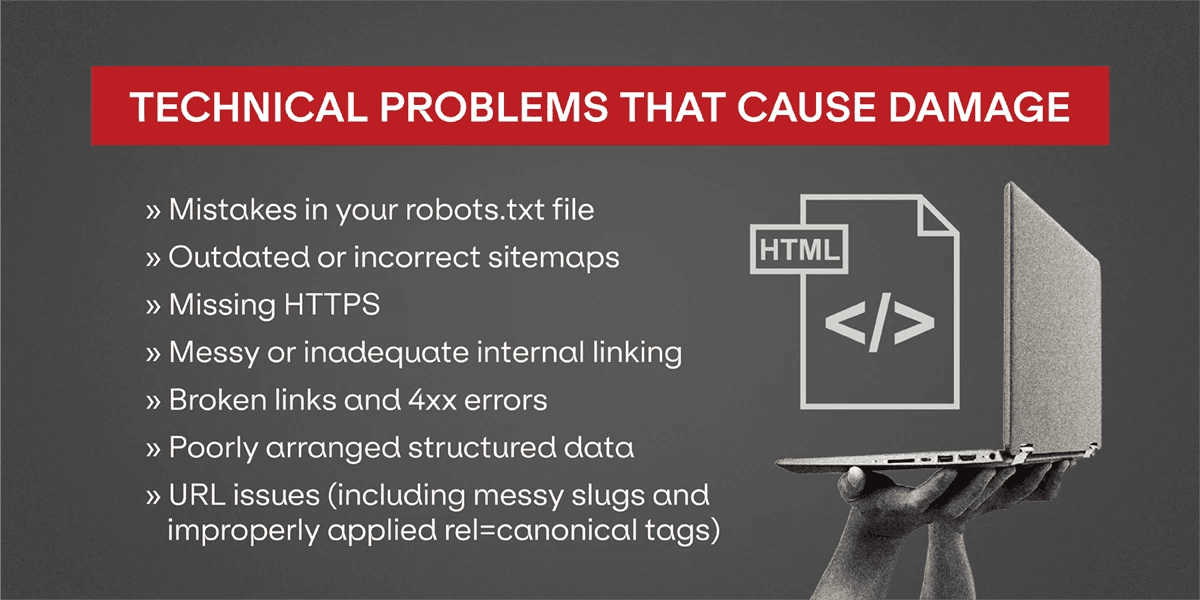 A graphic showing how technical problems on your website cause damage.
