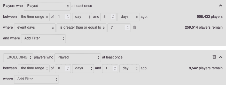 Screenshot of the teak Audience Builder showing the configuration to create a risk of churn audience.