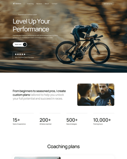Perform Framer template preview showing hero and coaching plans section