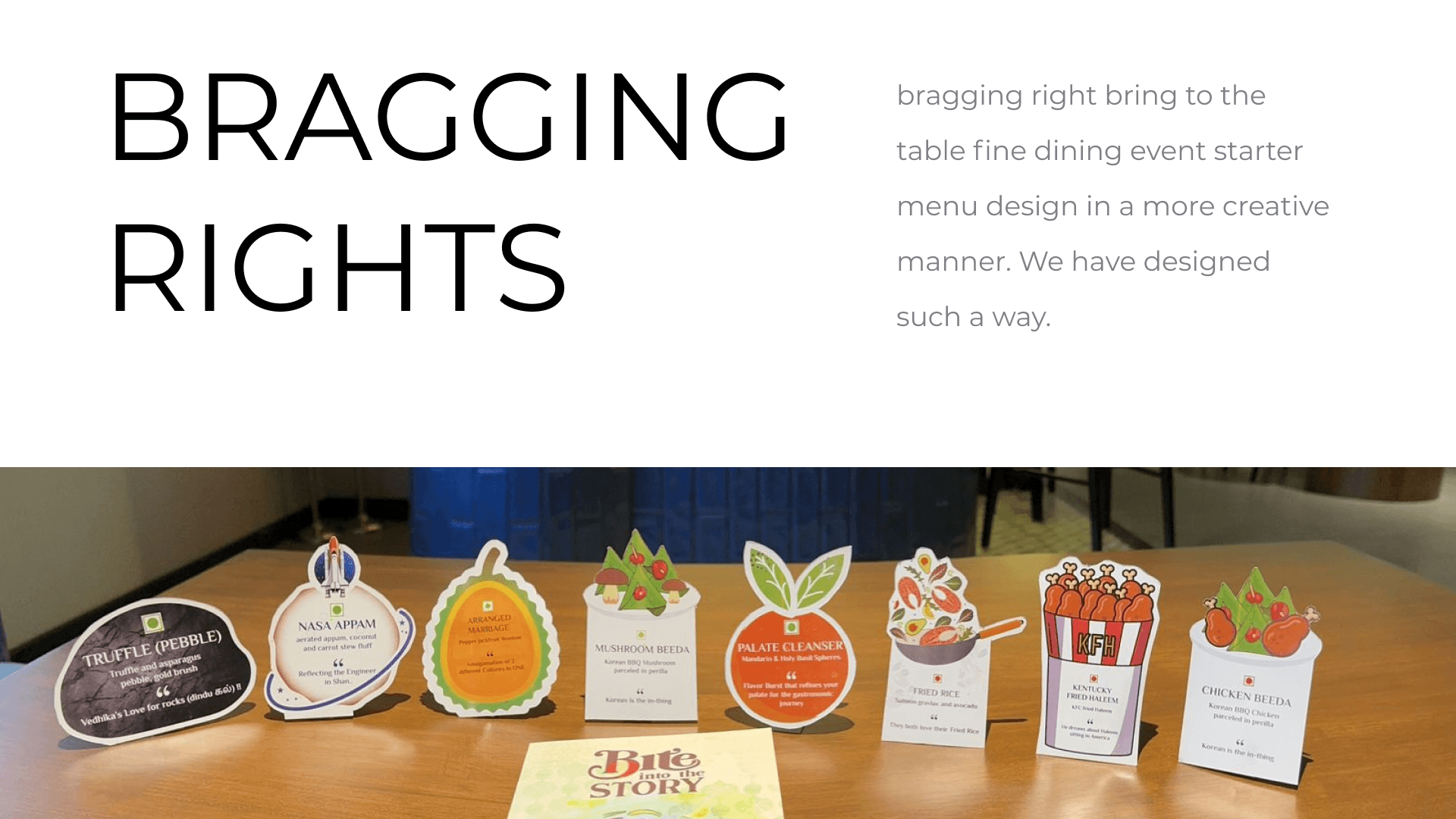Bragging Rights fine dining event menu card design — Penguincil Design
