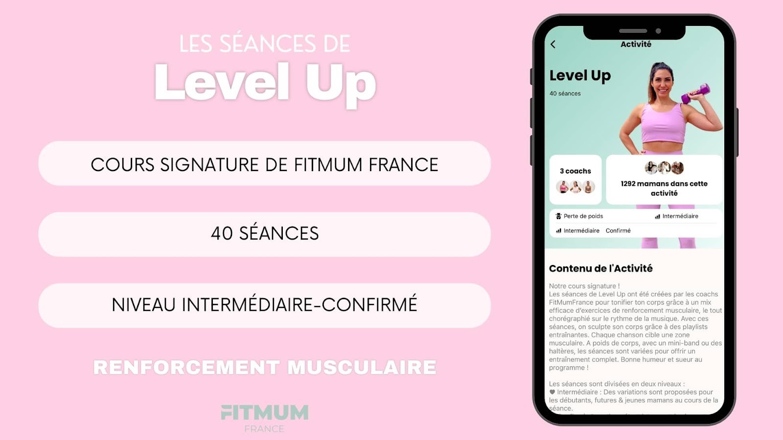 Programme Level Up de l'app FitMum France : un programme de renforcement musculaire pour muscler tes fessiers en musique.