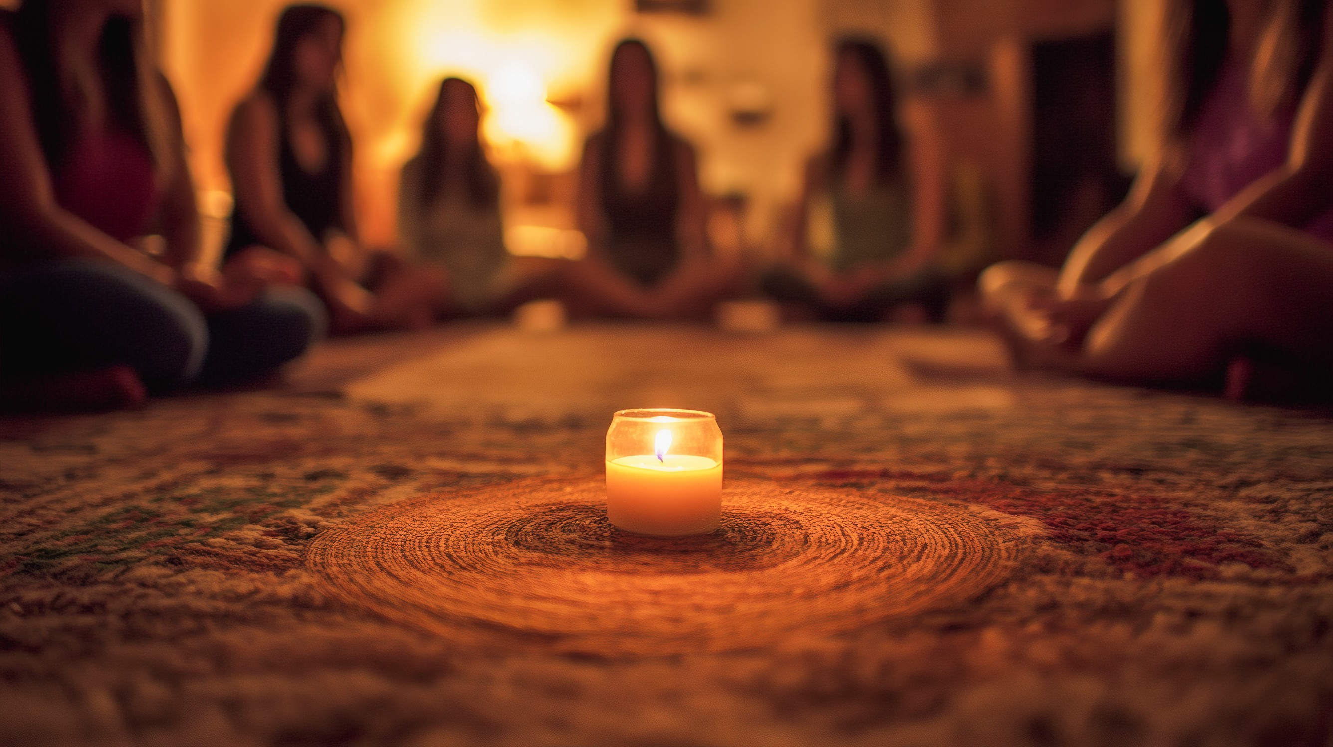 Primer plano de una vela encendida en un frasco de vidrio sobre una alfombra rústica. De fondo, desenfocado, un grupo de personas sentadas en círculo participando en un taller de meditación o espiritualidad en Espacio Yutori San Fernando.