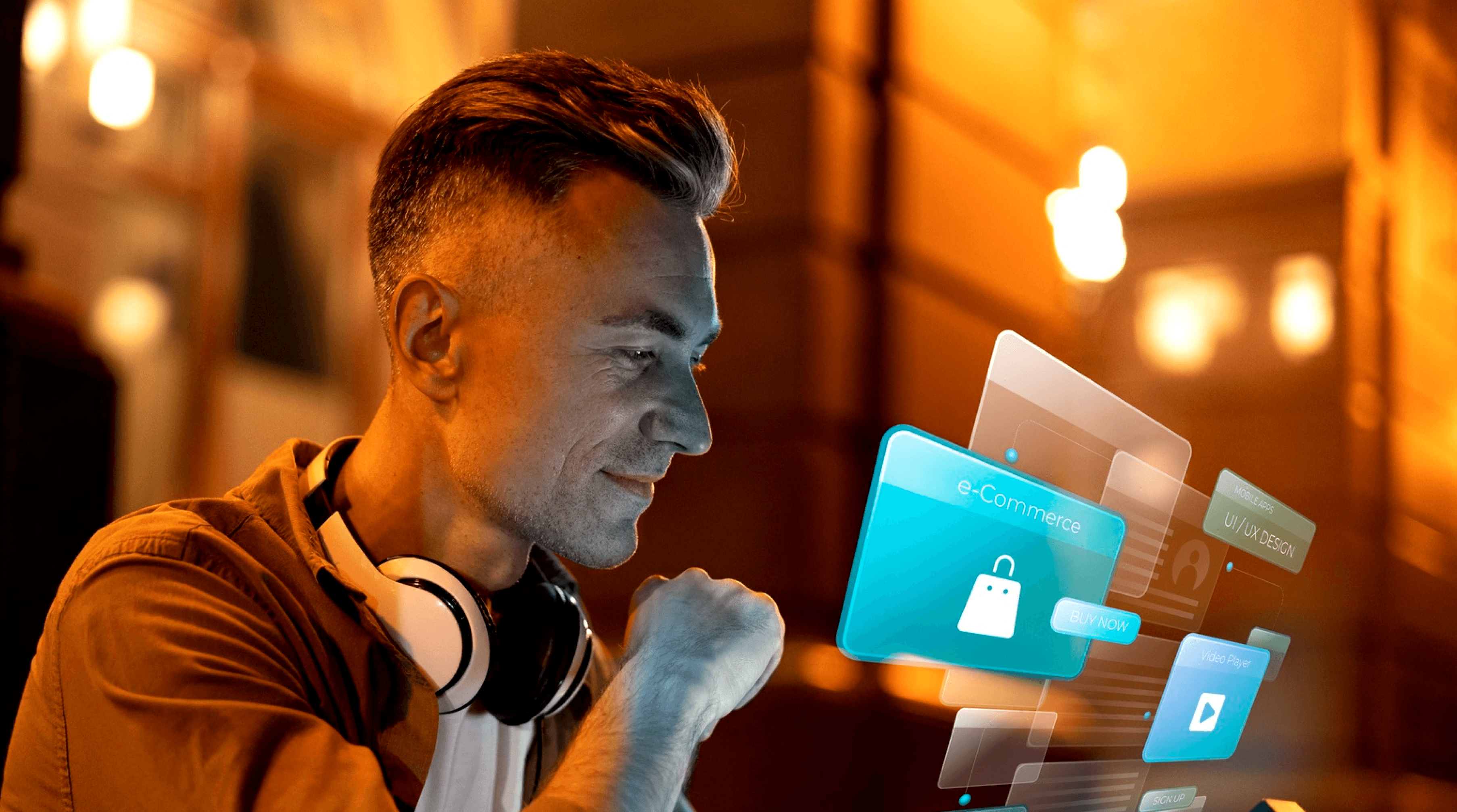 y at a glowing, holographic interface displaying icons of a shopping cart, applications, and digital communications against a modern, warmly lit background.