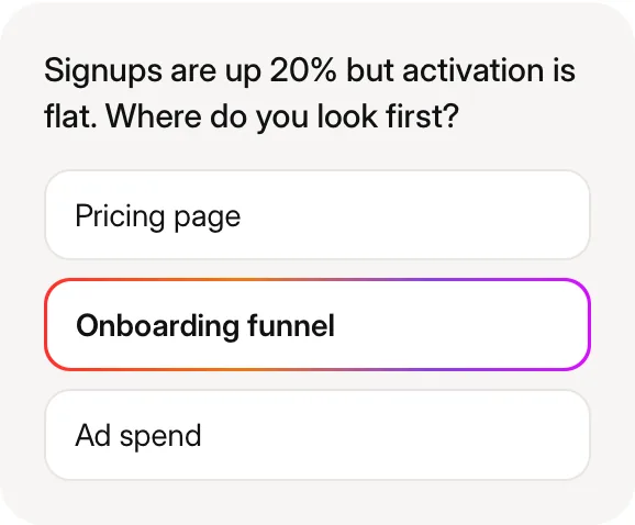 Signups are up 20% but activation is flat. Where do you look first? Pricing page, Onboarding funnel, Ad spend
