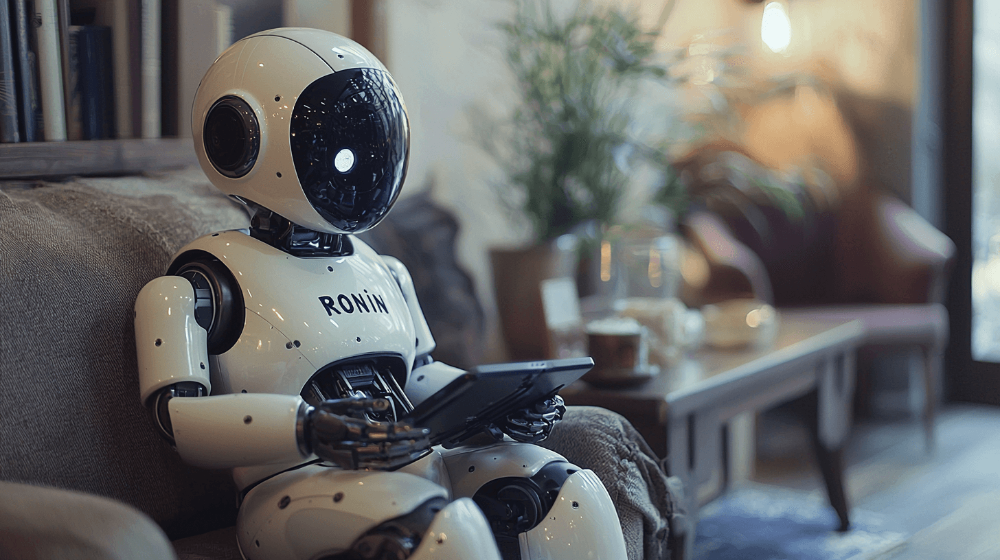 a robot sitting on the sofa reading