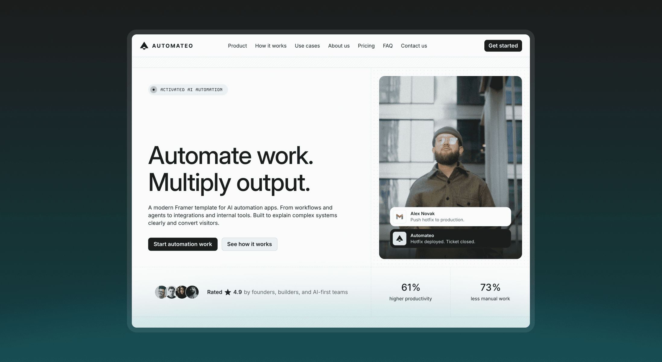 Automateo free Framer template for AI automation tools showing a clean hero section with workflow notifications and productivity stats
