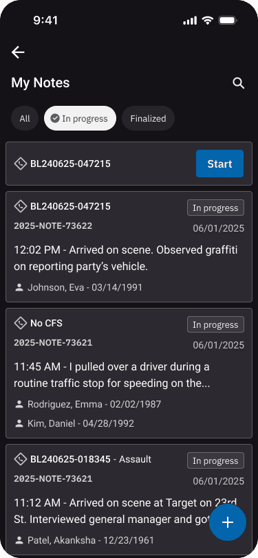 A mobile UI of the Digital Notes app home screen, featuring prominent "Start New Note" and "Continue Draft" actions alongside a list of daily entries.