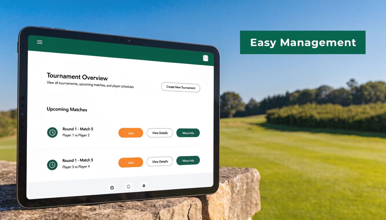 A digital tablet displaying a tournament management software interface sitting on a stone wall overlooking a golf course.