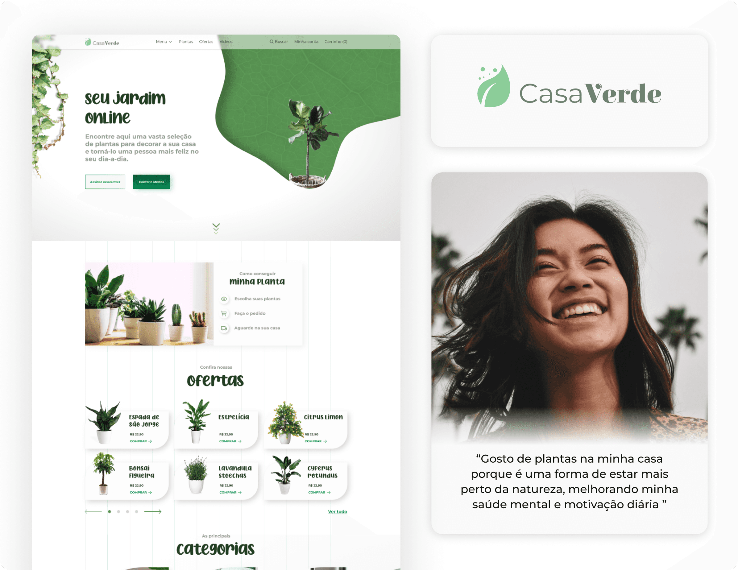 Prévia da página principal, a logomarca da empresa Casa Verde e uma moça representando o público-alvo da empresa.