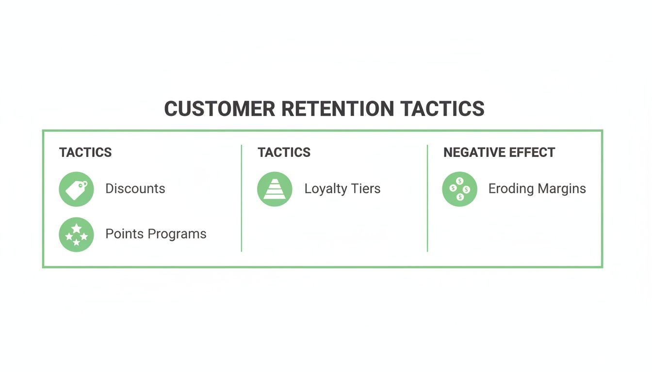 An infographic illustrating customer retention tactics: discounts, points programs, loyalty tiers, and their negative effect on margins.
