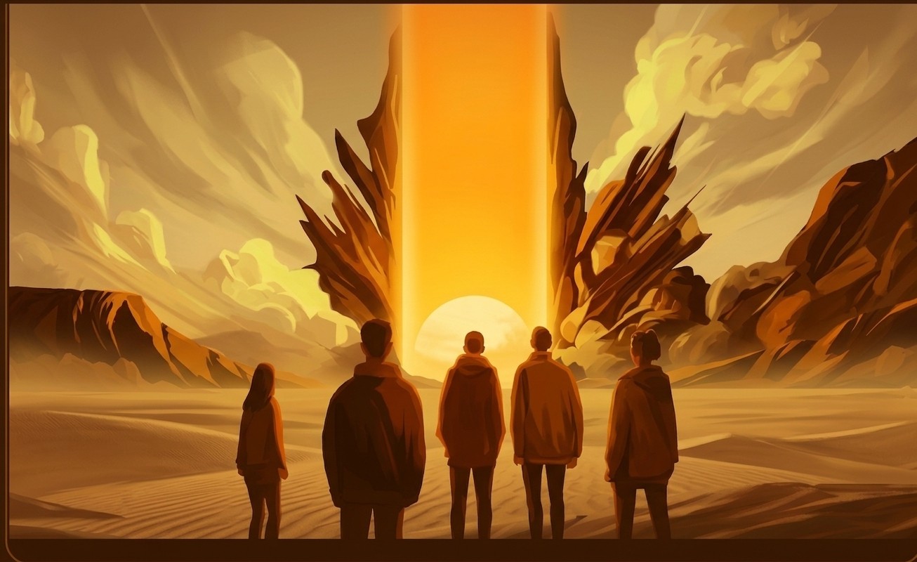Young people looking at a portal 