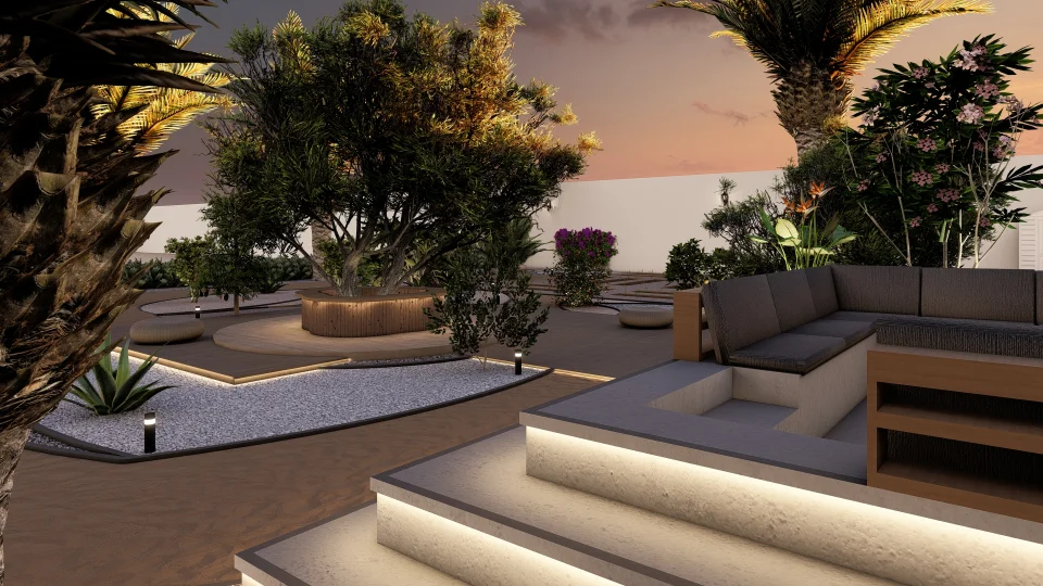 Intimate modern terrace or rooftop garden at dusk. A built-in outdoor lounge with minimalist gray cushioned seating, illuminated steps, tropical plants, white pebbles, raised wooden planter, and dotted lights create a serene, stylish ambiance.