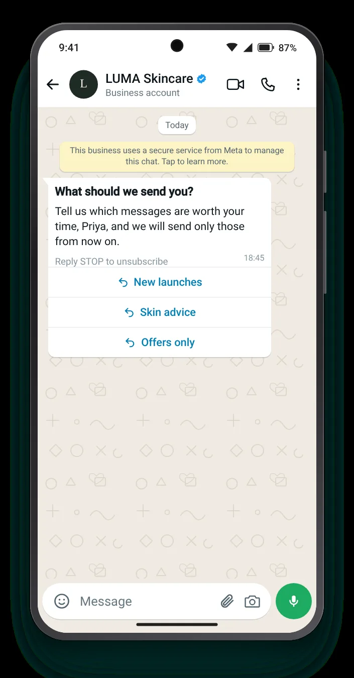 Only the subjects they care about: WhatsApp re-engagement message on an Android phone