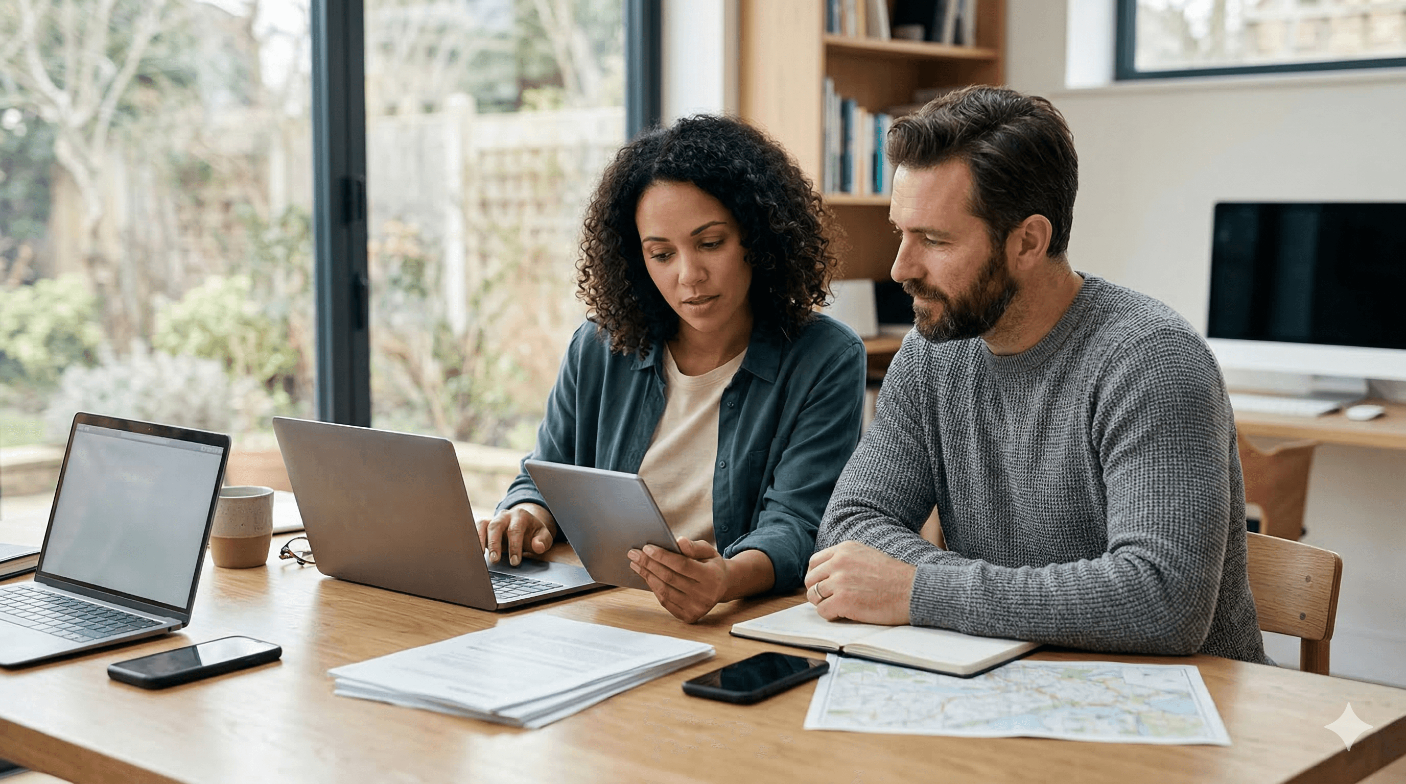 A man and woman sit at a wooden table with a laptop and tablet, engaged in a discussion, surrounded by documents, a notebook, and a smartphone, illustrating collaboration and teamwork.