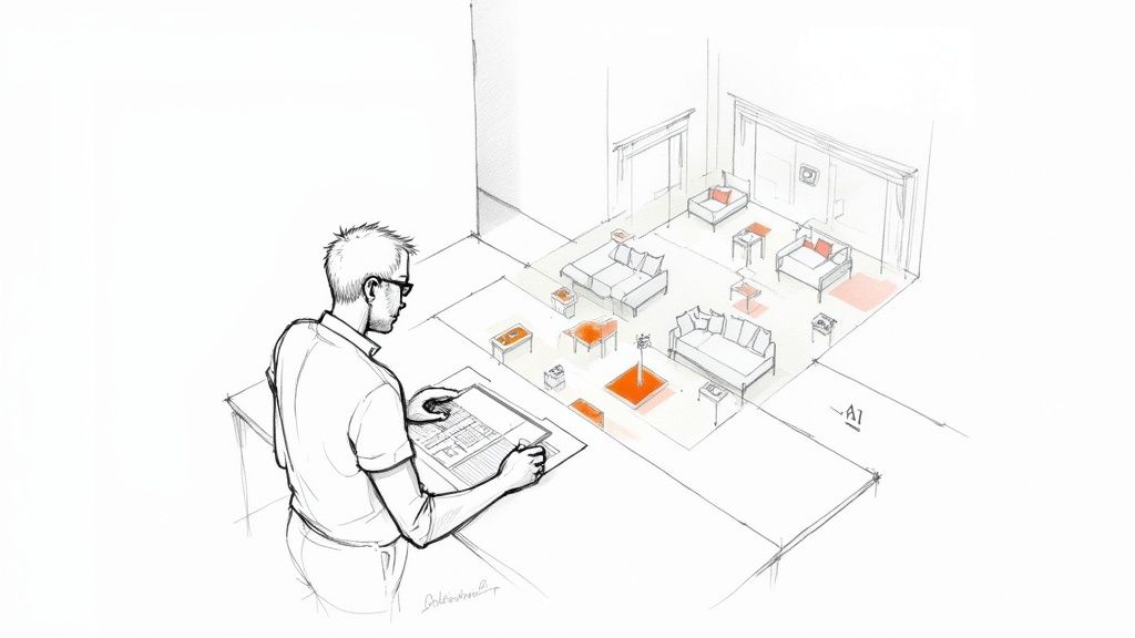 A person sketches a room layout on a tablet, with AI projecting furniture in a 3D space.