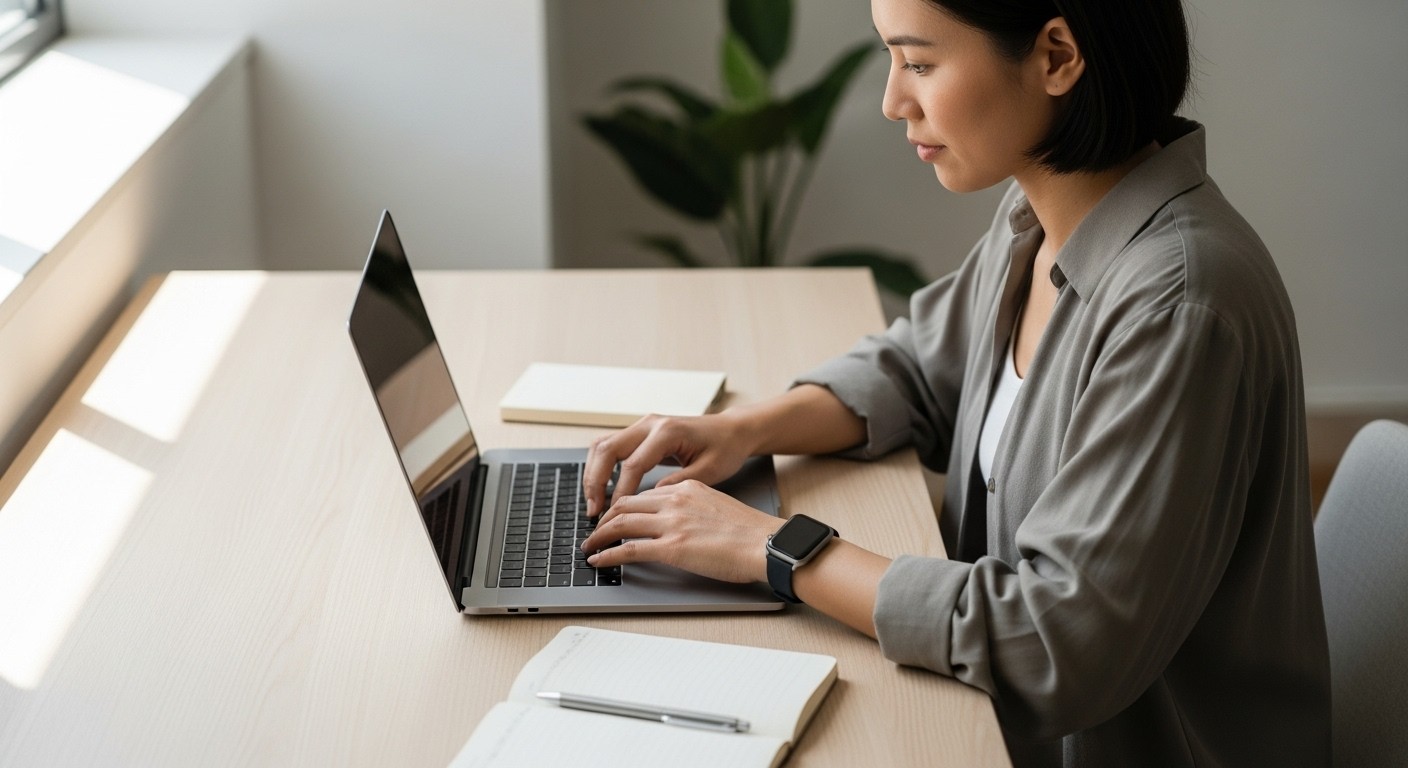 Woman working on laptop placed on a table