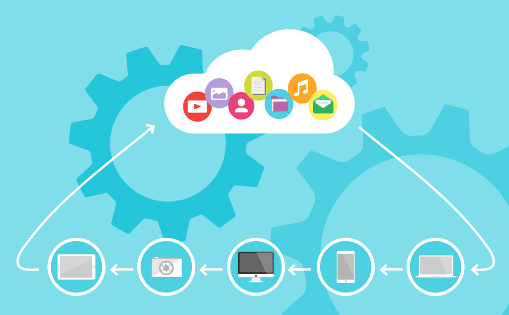 Illustration : un nuage rassemblant documents, photos et messages, relié à une tablette, un appareil photo, un ordinateur, un smartphone et un portable