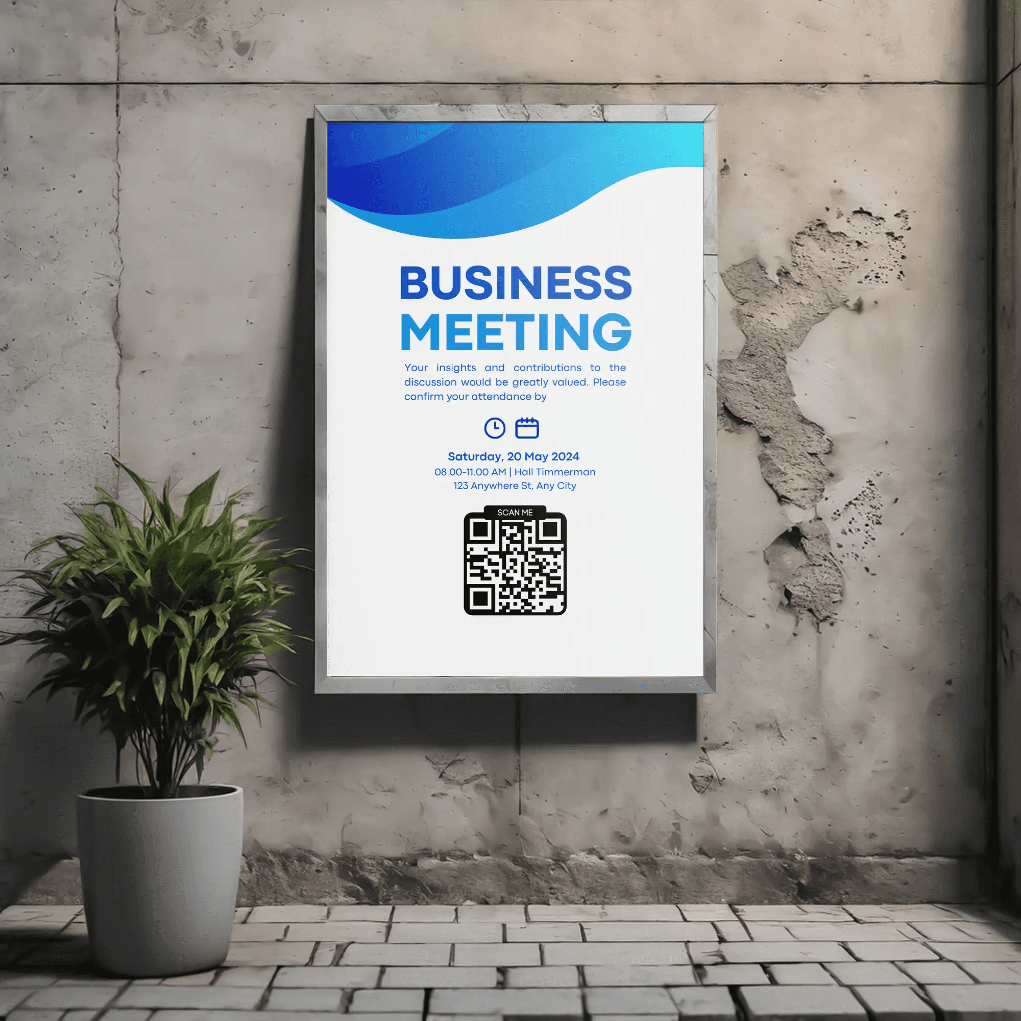 Outdoor digital signage screen promoting a business meeting with event details and QR code for easy registration.
