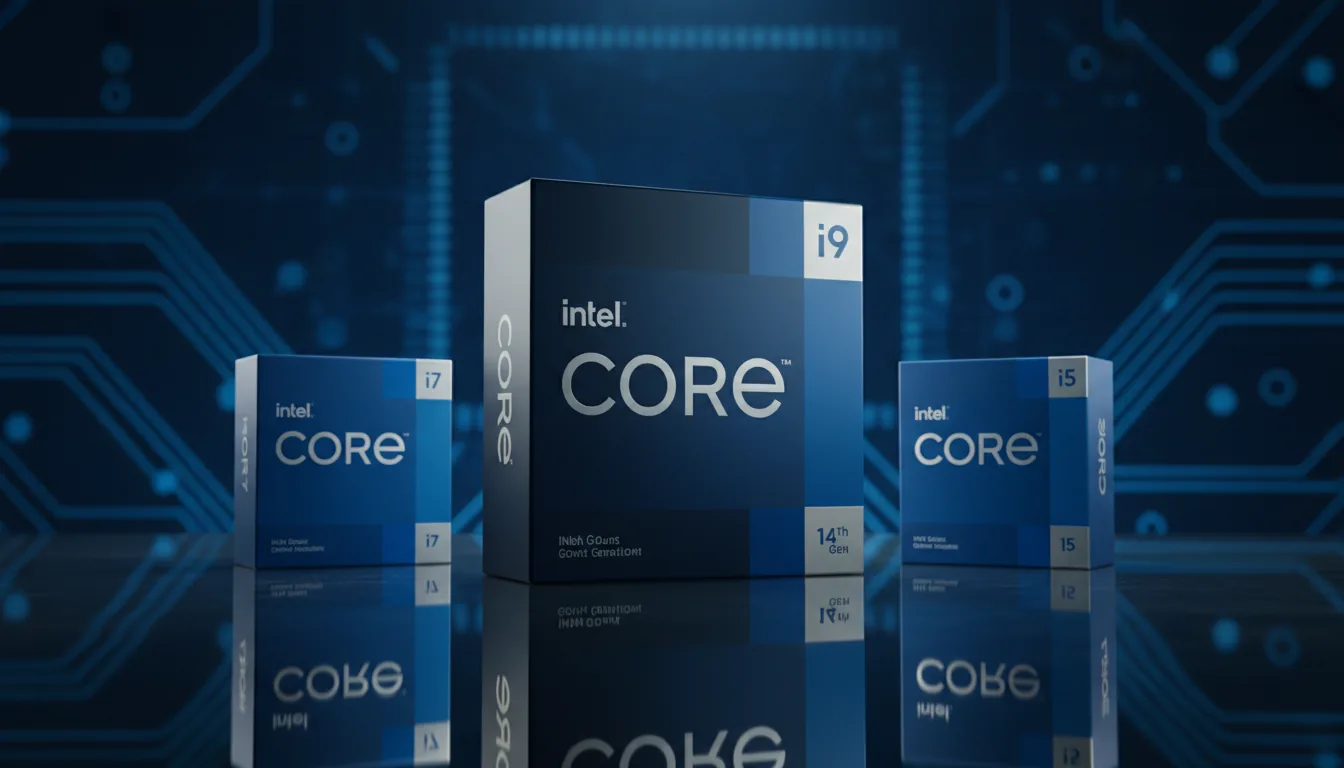 DSLR product photography of three modern Intel Core processor boxes (i5, i7, i9, 14th gen) arranged on a perfectly reflective mirror surface. Cinematic studio lighting with a strong blue cast, creating sharp highlights on the matte cardboard boxes. The background is a dark, abstract digital pattern in shades of deep blue. The central i9 box is prominent, flanked by the i5 and i7 boxes. High-tech, premium aesthetic.