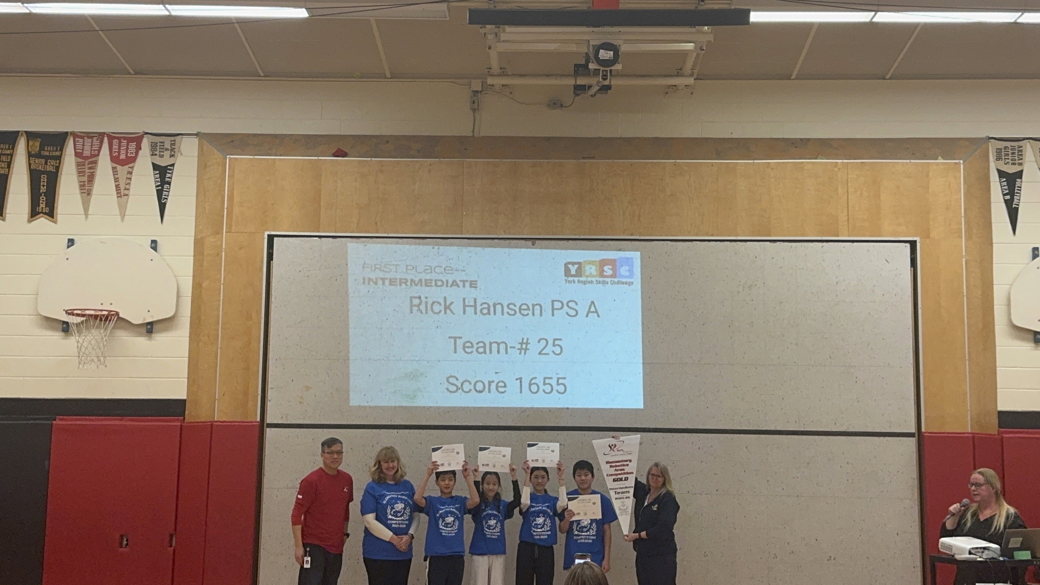 Led by Renee Zhang and Samuel Pan, Rick Hansen PS intermediate robotics team wins Gold at Lego Robotics Challenge of York Region Skills Challenge area competition.
