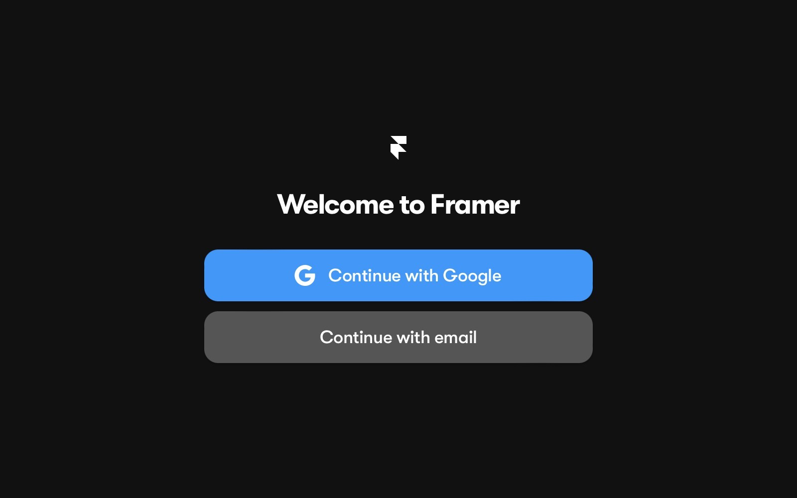 Framer 注册页面，展示欢迎信息和简洁直观的设计。该页面允许用户使用 Google 账号或自定义邮箱注册，确保顺畅且易于访问的注册体验。