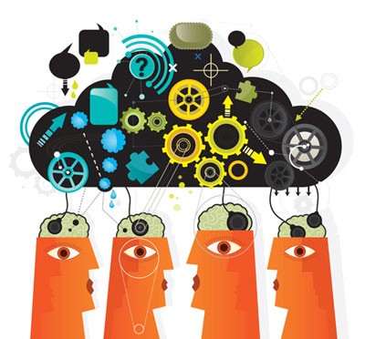 Illustration of 4 abstract people with a thought bubble with various gears and mechanical illustrations