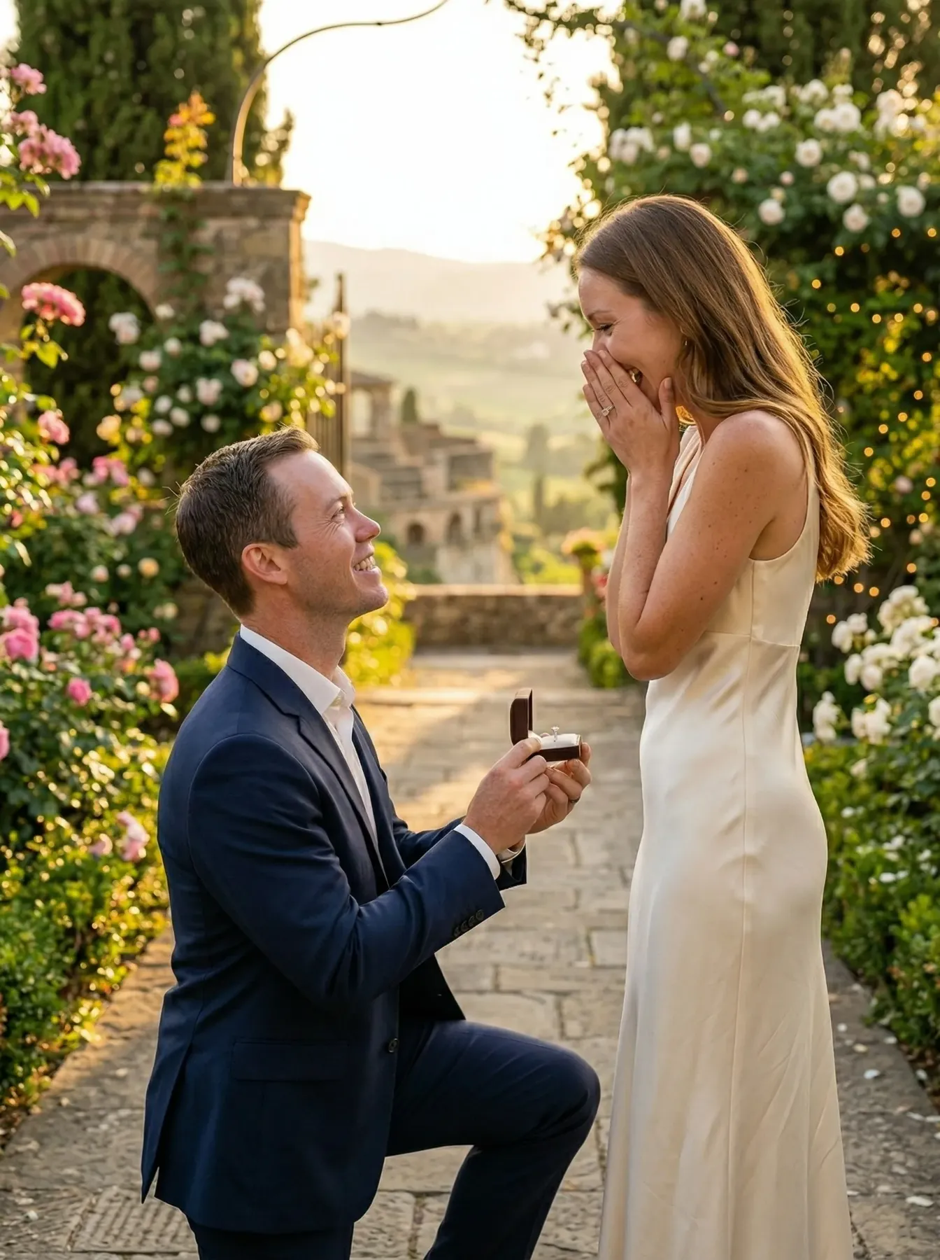 Man on one knee proposing to a woman in a rose garden at sunset.