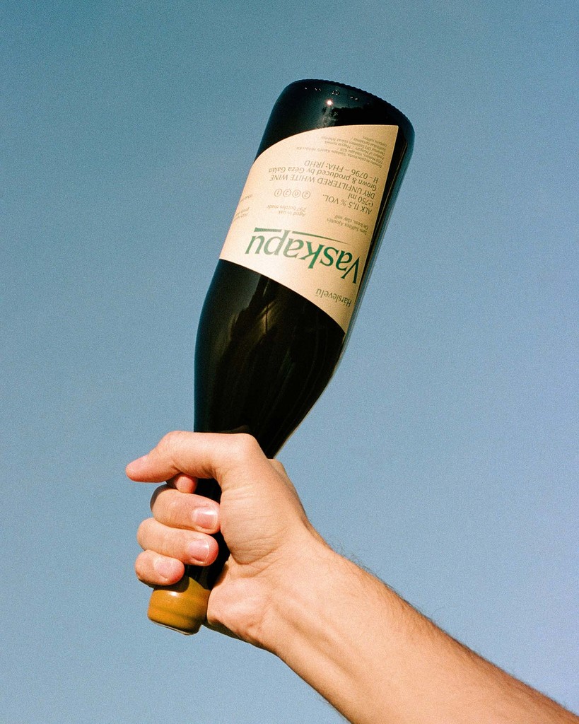 Hand lifting a Vaskapu wine bottle upside down against the clear sky — an iconic shot from Marcell Kazsik’s visual direction for the brand, symbolising the unconventional spirit of natural wine culture.