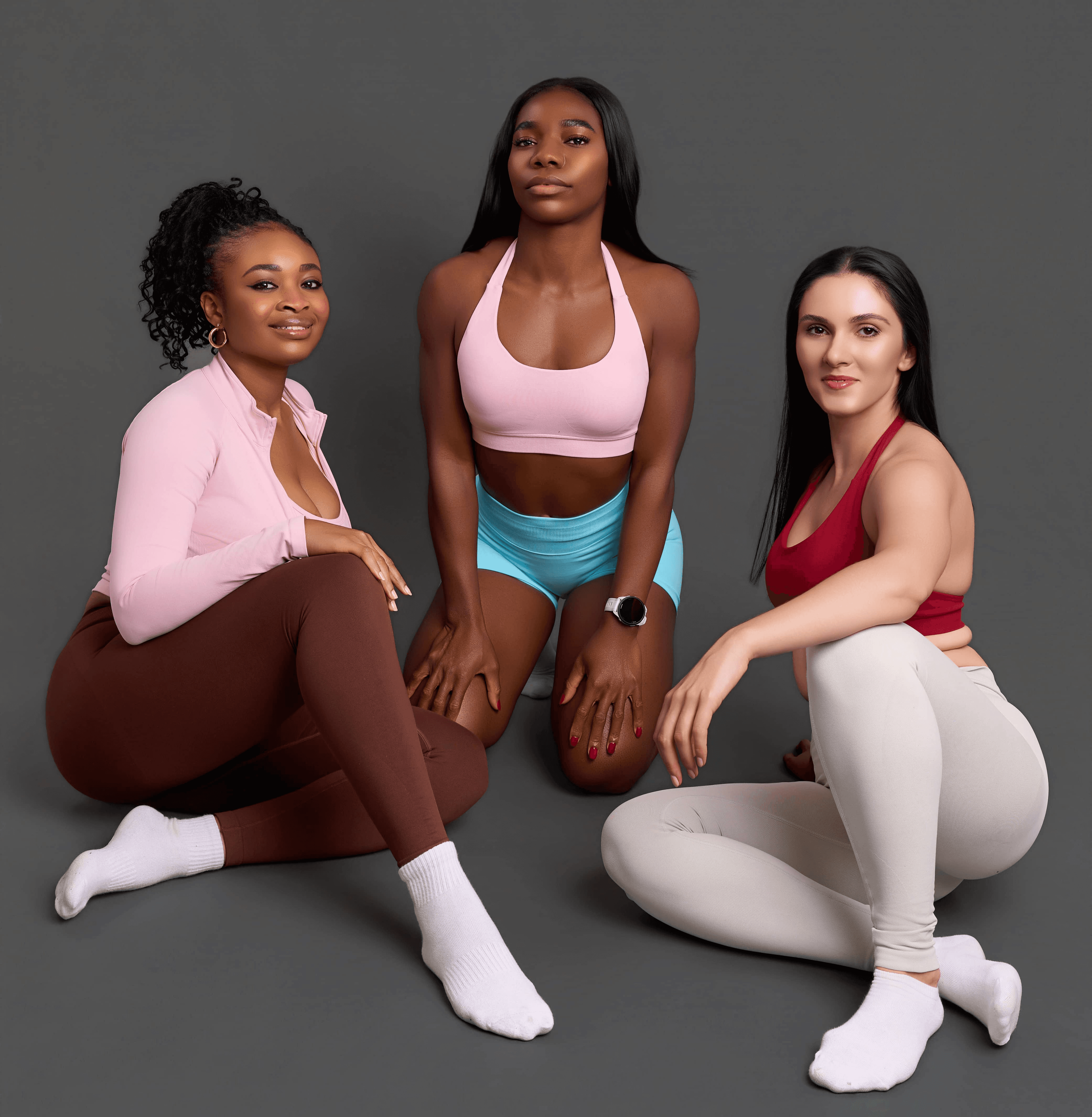Modern activewear photography with bold poses and clean urban background