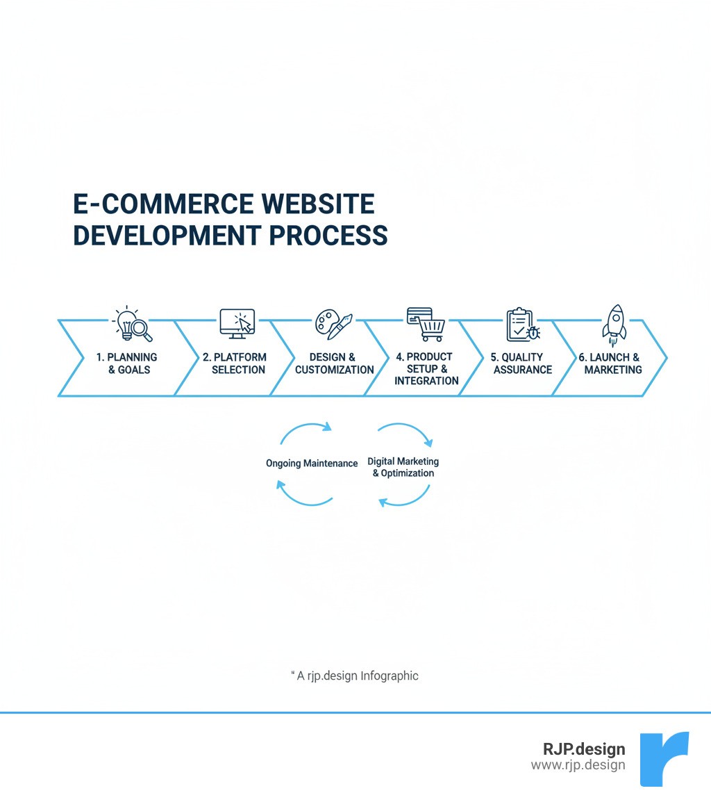 Infographic showing the e-commerce website development process from initial planning through business goals definition, platform selection, design and customization, product setup with payment and shipping integration, quality assurance testing, to final launch and ongoing maintenance with digital marketing - e-commerce website development infographic 