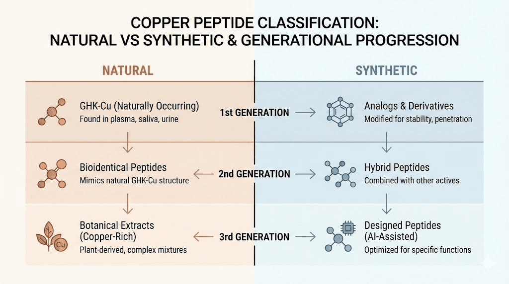 Copper peptide types classification chart showing generations and origins