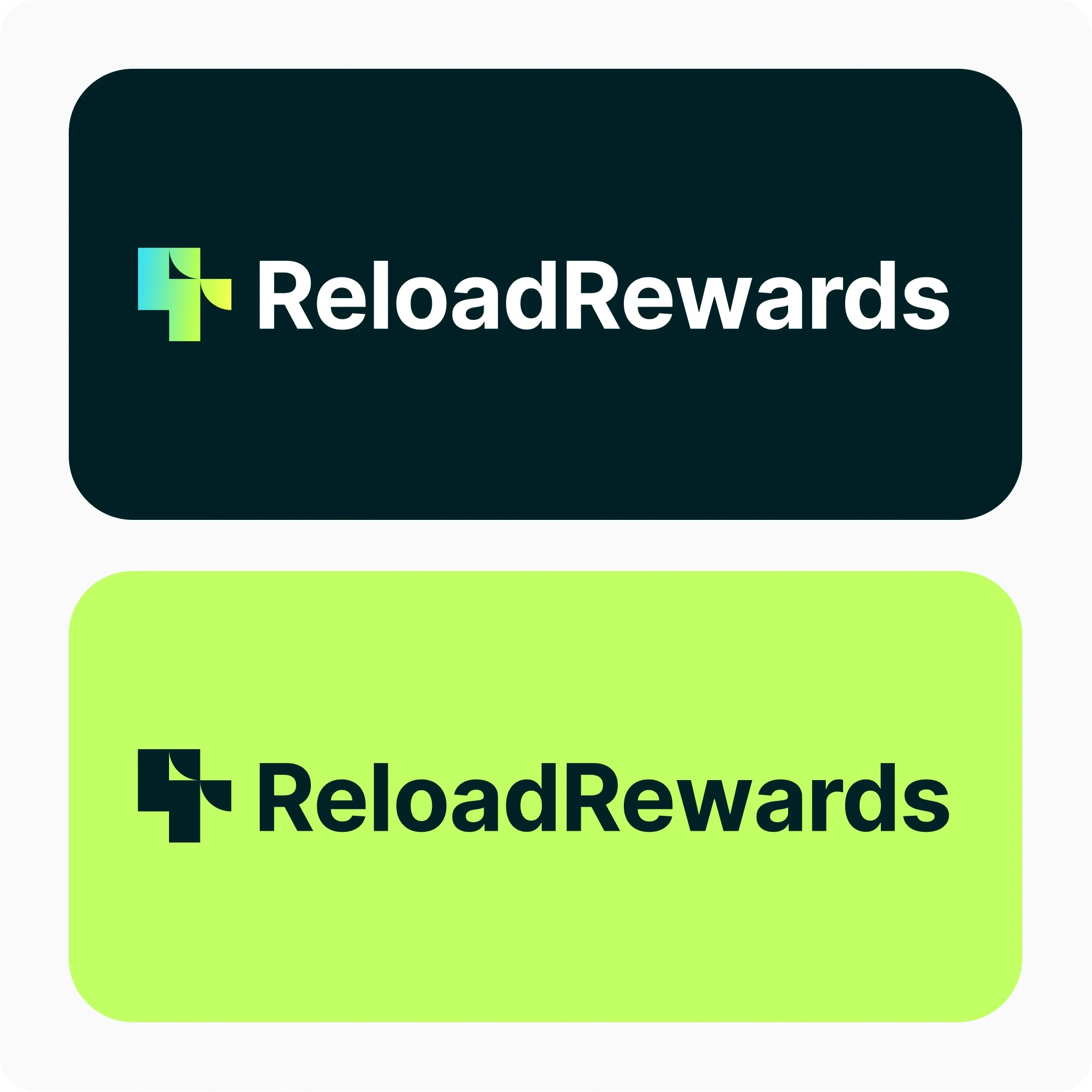 ReloadRewards logo variations displayed on two different backgrounds. The top version features a gradient icon with blue and green hues paired with the text 'ReloadRewards' in white on a dark background. The bottom version showcases a solid green icon and black text on a bright green background, highlighting the brand’s adaptability and modern aesthetic.