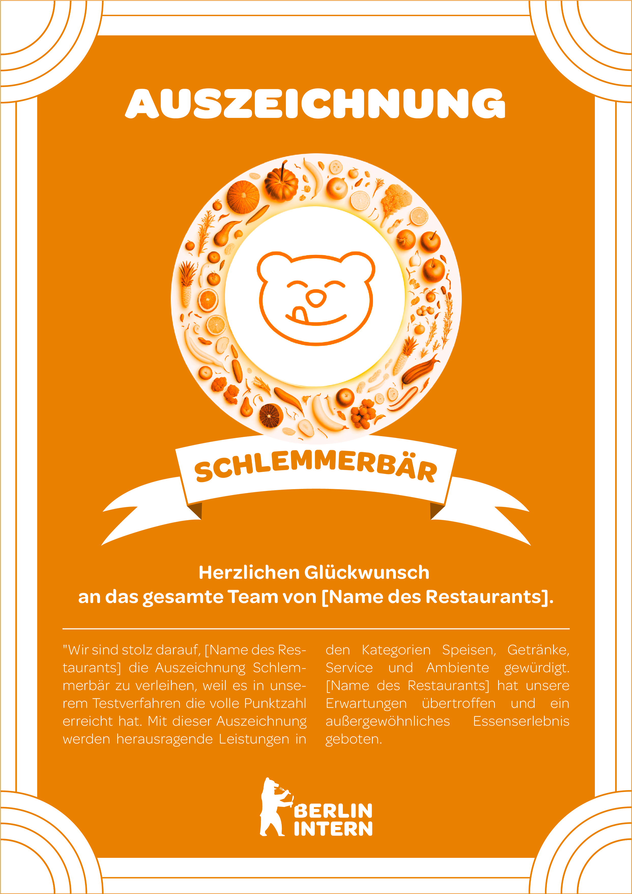 Auszeichnungsplakat Schlemmerbär für Berlin Intern