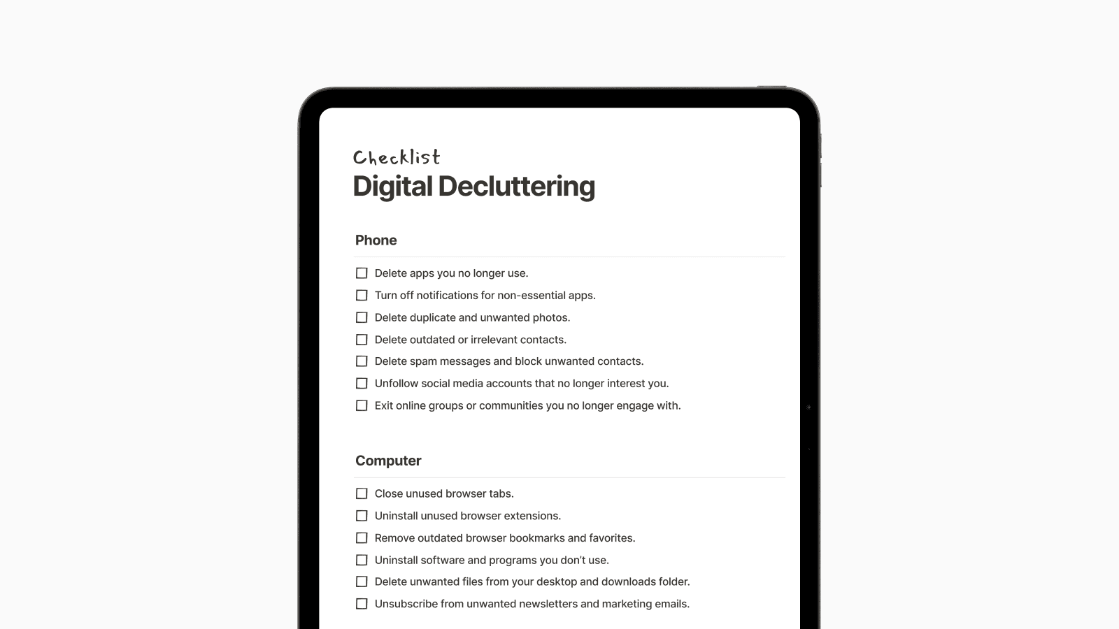 Digital Decluttering Checklist on iPad