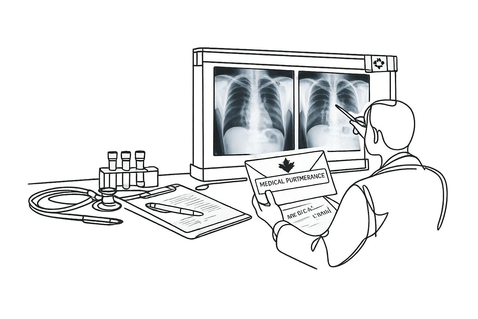 Continuous contour line drawing of a panel physician reviewing chest X-rays and a medical furtherance letter during an immigration medical exam, representing IRCC follow-up assessment handled by GTA Immigration Physicians in Canada