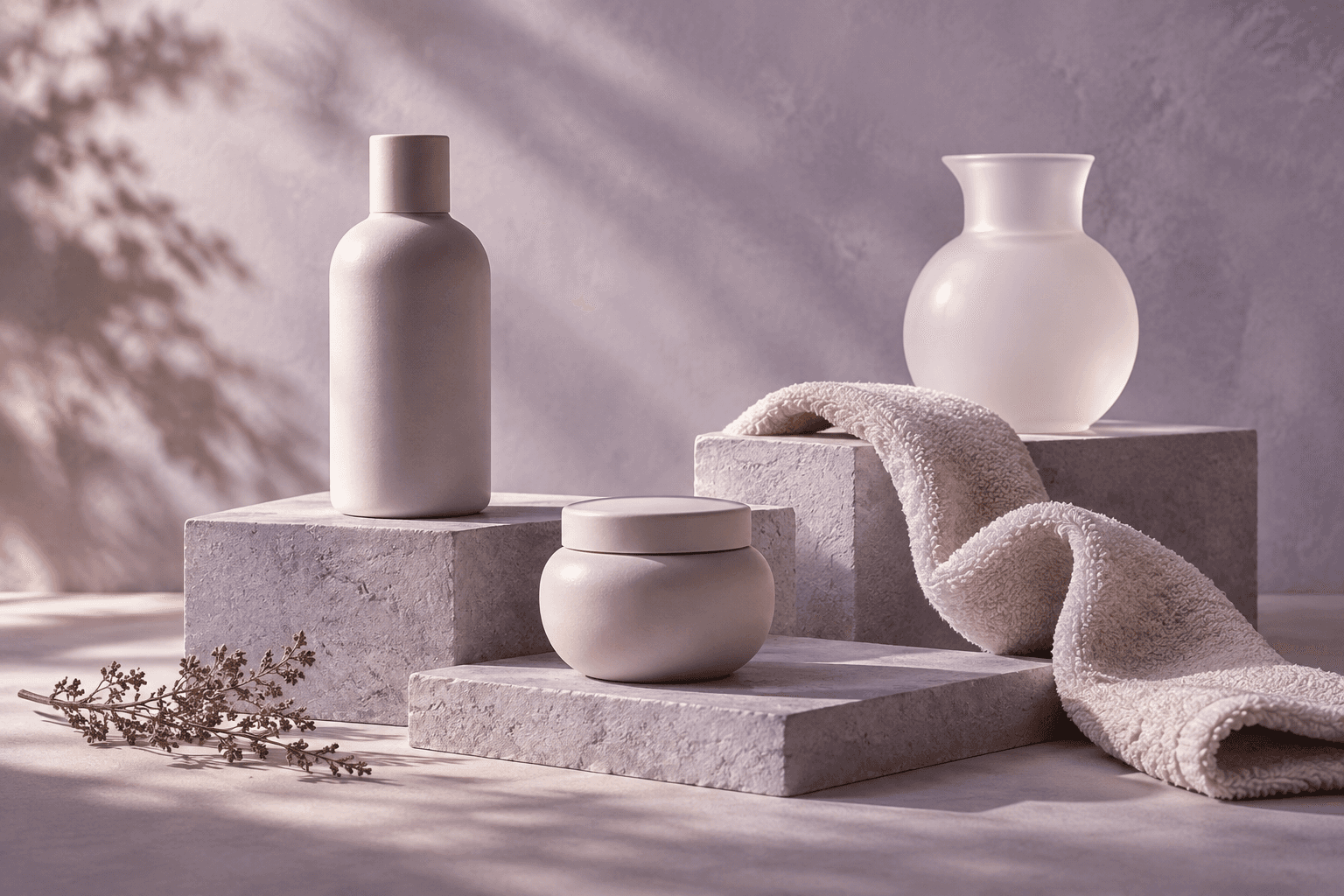 Ceramic skincare vessels and a soft towel on lilac stone