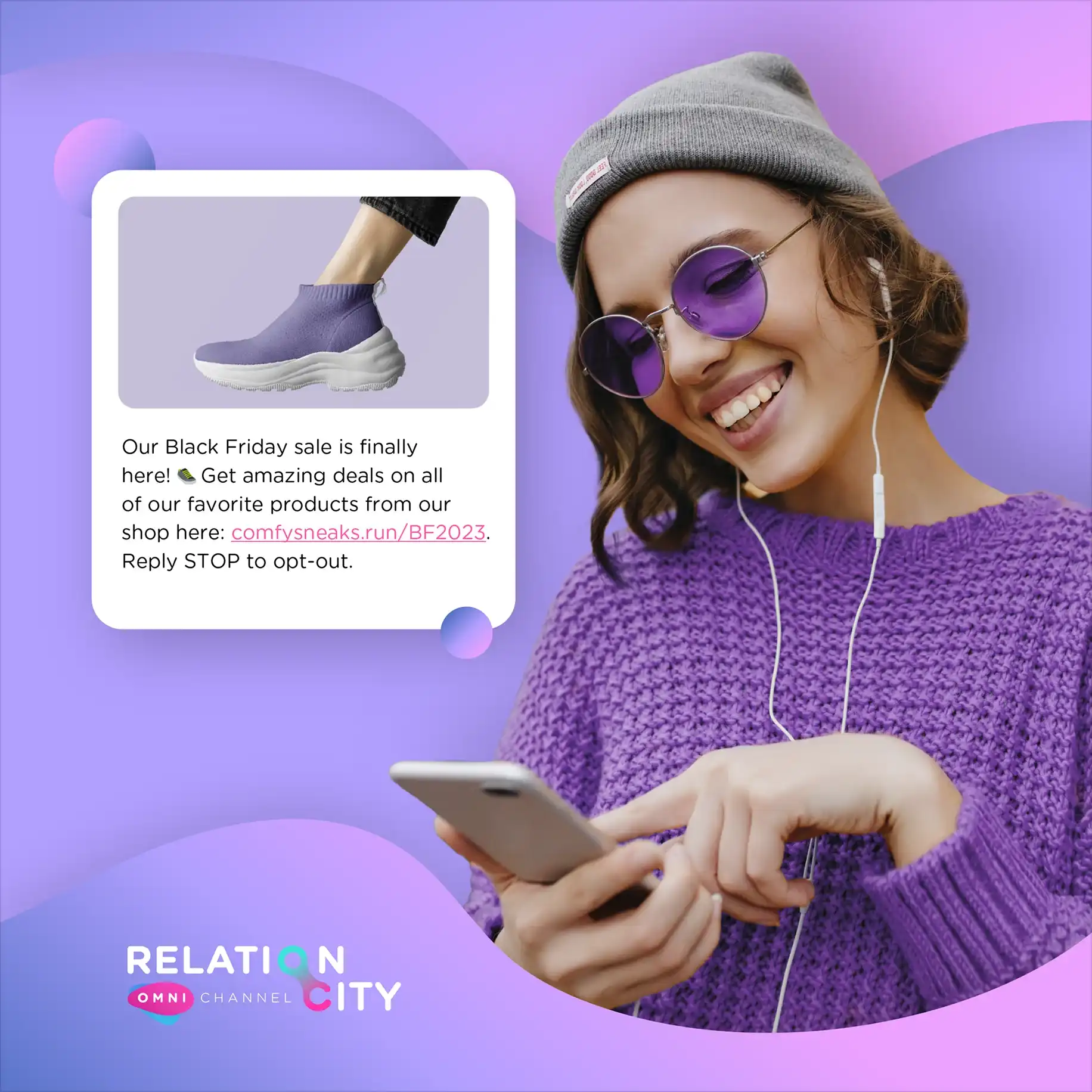 Visning af Sociale medie grafik der viser en kvinde med høretelefoner i der får en mail om black friday tilbud